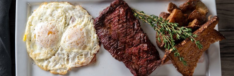 Overhead of egg and steak breakfast on plate