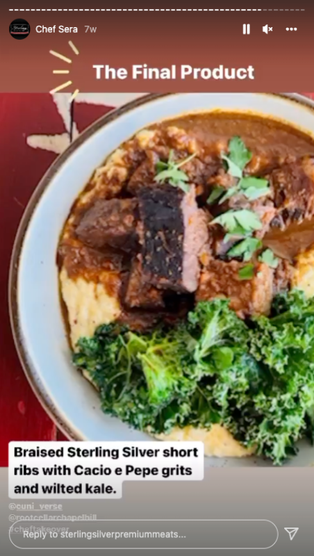 Plate of braised Sterling Silver short ribs with Cacio e Pepe grits and wilted kale