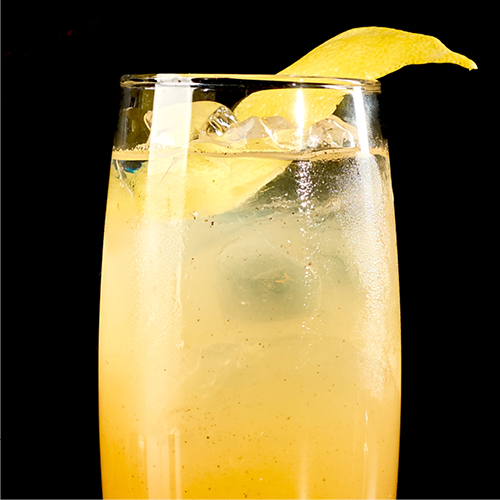 Gin-less tonic with juniper syrup, fresh lemon juice, tonic water and lemon peel garnish.